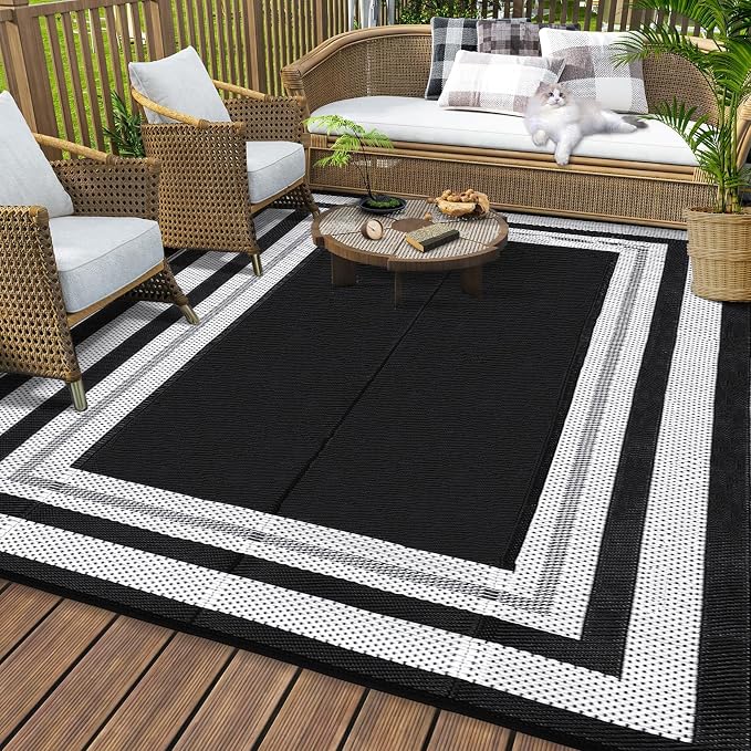 Outdoor Rug 9x18ft Waterproof Reversible Large Modern Black and White Plastic Straw Carpet Lightweight Washable for Patio RV Camping Deck Porch Balcony Backyard Picnic