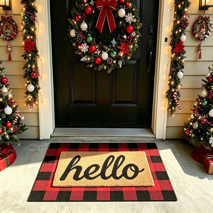 SEEKSEE Buffalo Plaid Outdoor Rug 27.5x43 Red and Black Front Door Mat, Layering Rug for Porch, Christmas Doormat, Front Porch Rug for Outdoor Entrance Entryway Patio Porch Winter Holiday Decor
