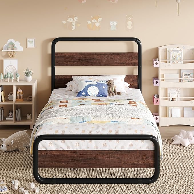 SHA CERLIN Twin Size Metal Bed Frame with Wooden Headboard and Footboard, Heavy Duty Oval-Shaped Platform Bed Frame with 10" Under-Bed Storage, Heavy Duty Slats Support, No Box Spring Needed, Mahogany