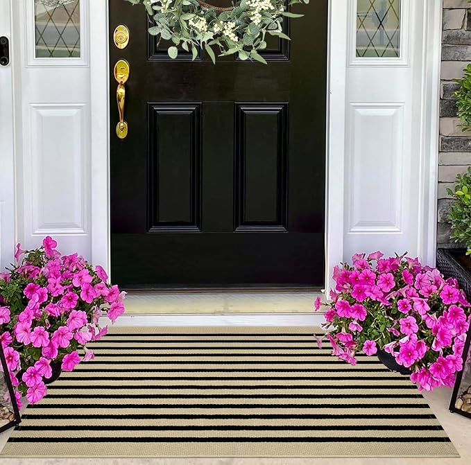 Front Door Mat Outdoor 24"x35", Tan and Black Layered Doormat Cotton Woven Washable Striped Indoor Outdoor Area Rug for Entryway Porch Decor Home Entrance