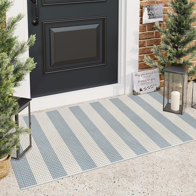 Boho Striped Outdoor Mats for Front Door 2'x4.3',Blue and Cream Washable Rug Runner,Cotton Hand Woven Indoor Outdoor Rugs,Foldable Farmhouse Layered Door Mats for Entryway