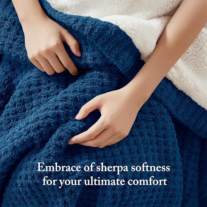 Madison Park Rowan Sherpa Throw Blanket Waffle Weave, 50 x 60, Navy Blue | Cozy Warmth for Sofa or Bed, Reversible, Lightweight, Farmhouse, OEKO-TEX Certified