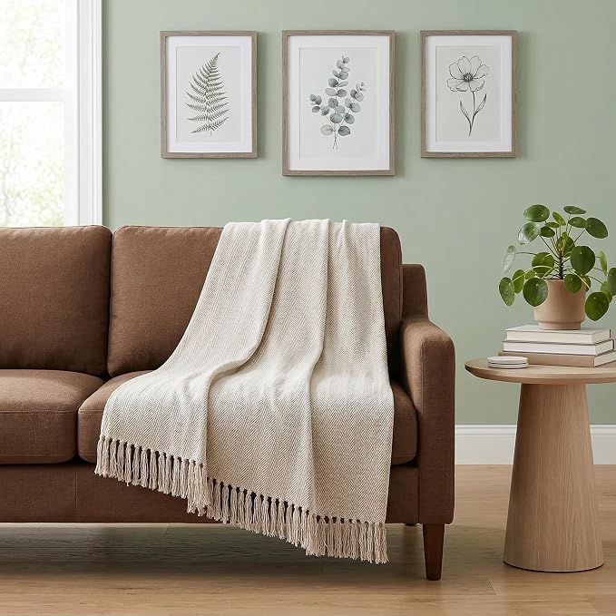 Americanflat 50x60 Throw Blanket - Soft and Breathable Cotton Throw Blanket for Couch, Bed, Chair - Decorative Blankets Perfect for Home, Office, or Outdoor Use - Cream Herringbone Design