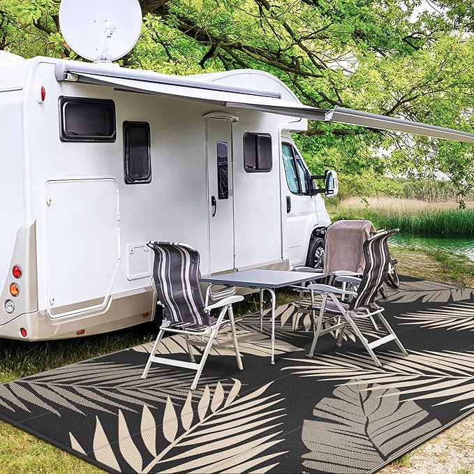 GENIMO Outdoor Rug, Waterproof Plastic Rugs 10'x14' for Camping Black Beige | Outside Larger Leaf Carpet Mat for Porch Decor, Deck, Camping, RV, Backyard, Balcony, Picnic, Beach, Reversible, Foldable