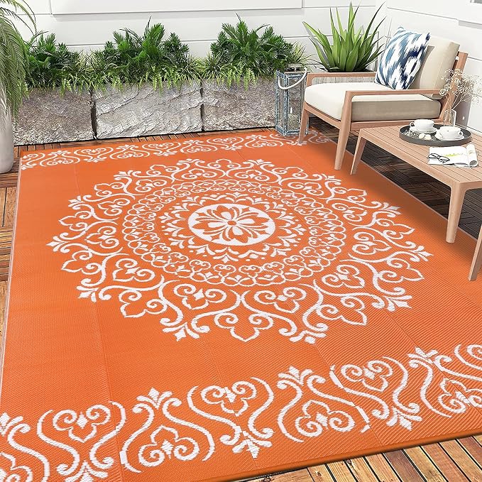 Pauwer Outdoor Rug 6x9, Waterproof Plastic Camping Rug, Floral Orange | Reversible Patio Rug, UV Resistant Indoor Outdoor RV Mat Carpet For Deck, Camper, Porch, Balcony, Backyard, Picnic, Foldable