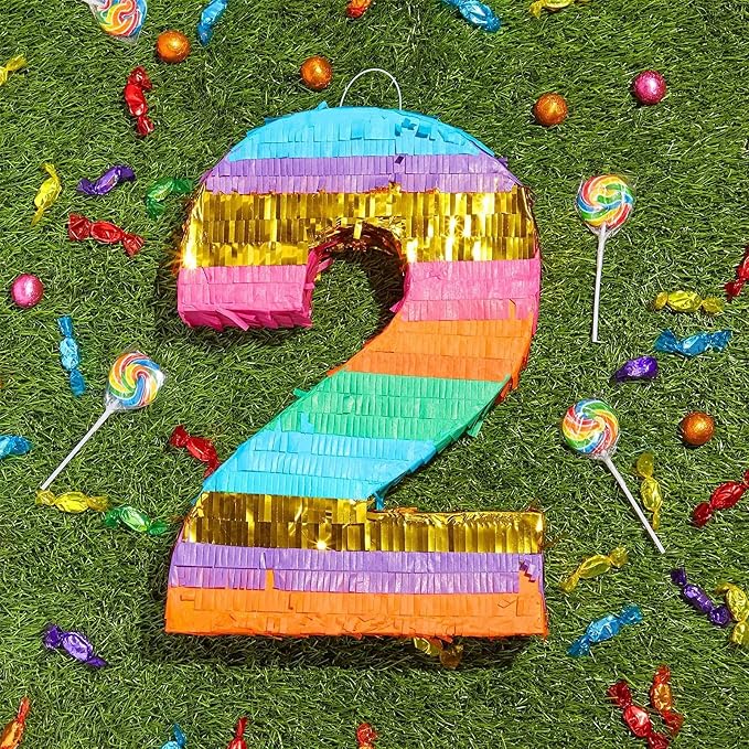 Number 2 Rainbow Pinata with Hanging Loop for Kids 2nd Birthday Party Decorations, Centerpiece Anniversary, Mexican Fiesta, Easy to Fill Label (11x3x16.5 in, Small)