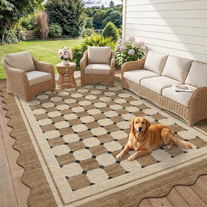 Garvee Easy Jute Rug Scalloped 5x7 Rugs for Living Room, Checkered Washable Non Slip Outdoor Patio Carpet, Farmhouse Indoor Area Rug Neutral Non Slip Carpet for Backyard Dining Room Deck 5'x7'