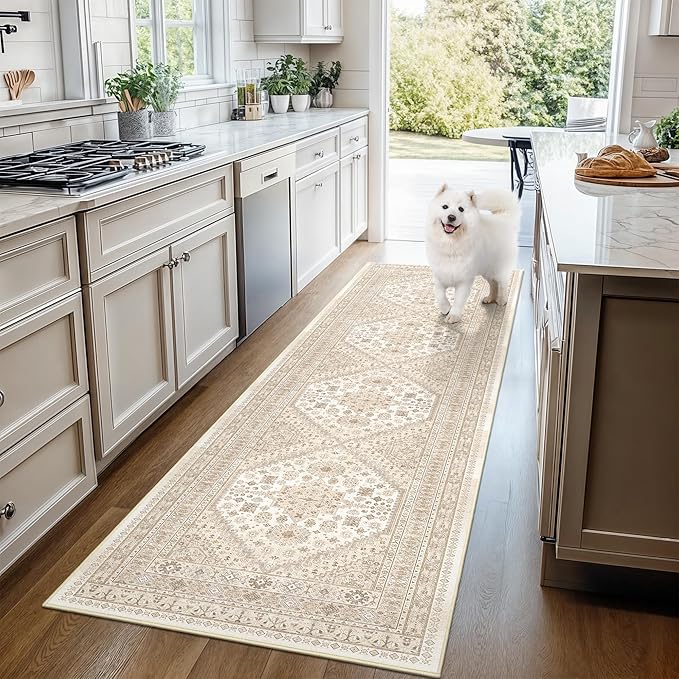 Runner Rug 2x8 Runners for Hallways Non Slip Washable, Vintage Hallway Runner Rugs for Living Room, Low Pile Soft Hallway Rug for Kitchen Bedroom Laundry Room(Cream/Beige,2'x8')