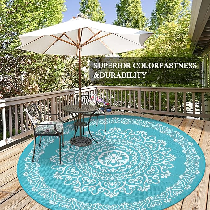 Pauwer Outdoor Rug 8ft, Waterproof Plastic Straw Camping Rug, Floral Teal | Reversible Patio Rug, UV Resistant Indoor Outdoor RV Mat Carpet For Deck, Camper, Porch, Balcony, Backyard, Picnic, Foldable