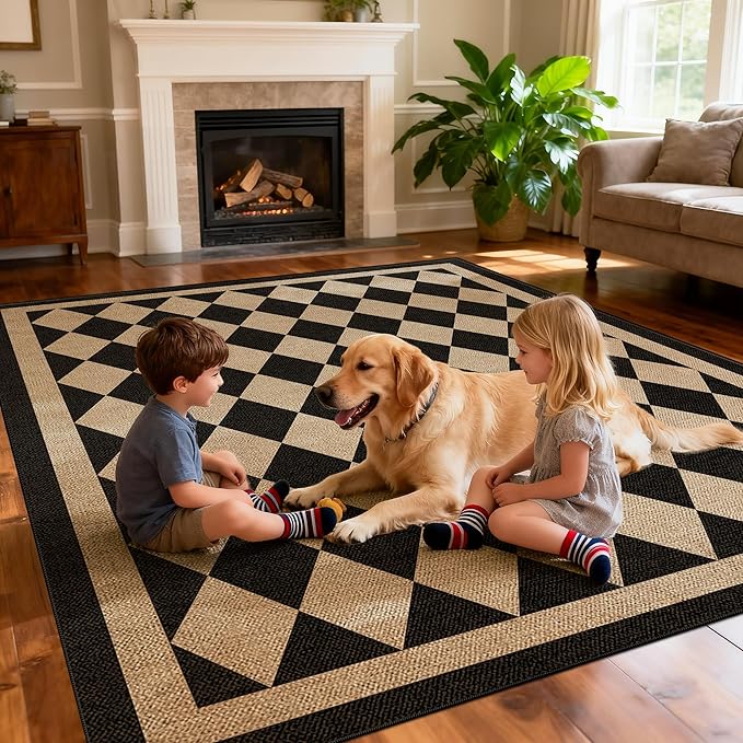 Washable Checkered Easy Jute Rug 9x12, Black Checkerboard Geometric Modern Outdoor Indoor Patio Large Rugs, Woven Thin Carpet Mat for Living Room Bedroom Classroom Nursery Play Room Backyard