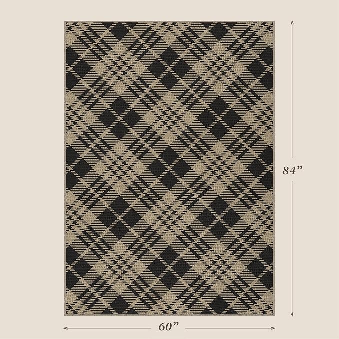 JTJ Easy Jute Outdoor Rug 4' x 6', Washable Non Slip Low Pile Geometric Plaid Indoor Outdoor Area Rug for Patio, Porch, Balcony, Deck, Living Room & Bedroom