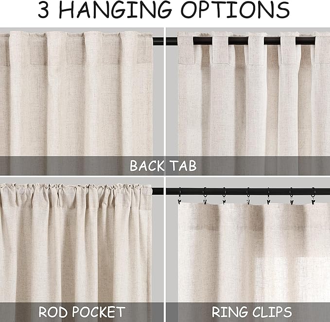 Extra Wide 100 Inch Linen Curtains for Living Room Divider Light Filtering Semi Sheer Back Tab Patio Curtains for Sliding Door Beige Coastal Decor Sunroom Floor to Ceiling Window Curtain 100x84