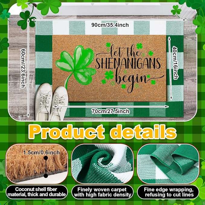 Moucuny 2 Pcs St. Patrick's Day Coir Door Mat Outdoor Rug Lucky Shamrock Welcome Outdoor Mat Green and White Buffalo Plaid Doormat for St. Patrick's Day Irish Front Door Porch Entryway Decor