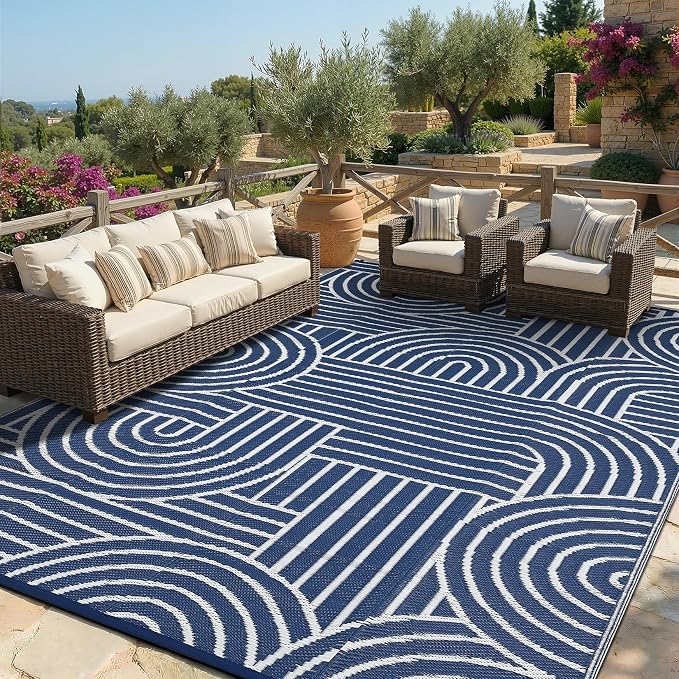 Garvee Reversible Rainbow Outdoor Rug 8x10, Waterproof Outdoor Plastic Straw Rug, RV Mat for Picnics, Patio, Camping, Balcony, Deck, Backyard, Porch, Blue