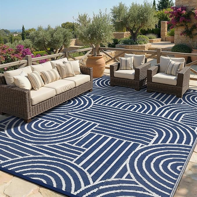Garvee Reversible Rainbow Outdoor Rug 9x12, Waterproof Outdoor Plastic Straw Rug, RV Mat for Picnics, Patio, Camping, Balcony, Deck, Backyard, Porch, Blue