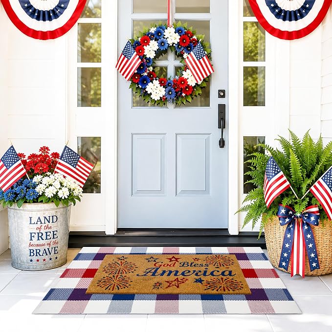 4th of July Door Mat Rug 28"x43", Patriotic Outdoor Rug, Red White and Blue Plaid Rug for Front Porch, Patriotic Door Mat for Indoor Outdoor Entryway Farmhouse Decor