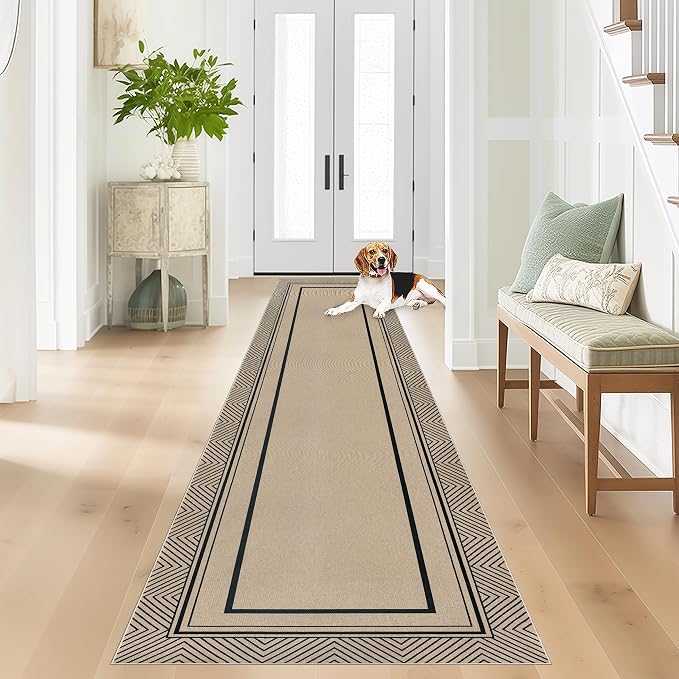 Capslpad 2x8 Hallway Area Rug, Faux Jute Geometry Line Entryway Rug, Farmhouse Washable Non-Slip Rubber Backing, Stain Resistant Low Pile Runners for Hallways, Kitchen, Bedroom, Laundry, Black