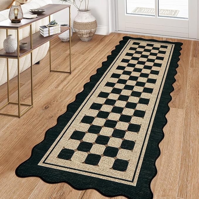 Garvee Easy Jute Scalloped Runner Rug, 2x6 Washable Rugs Runner for Hallway Non-Slip Boho Farmhouse Long Kitchen Rug, Modern Checkered Indoor Outdoor Carpet for Porch Laundry Entryway 2'x6'