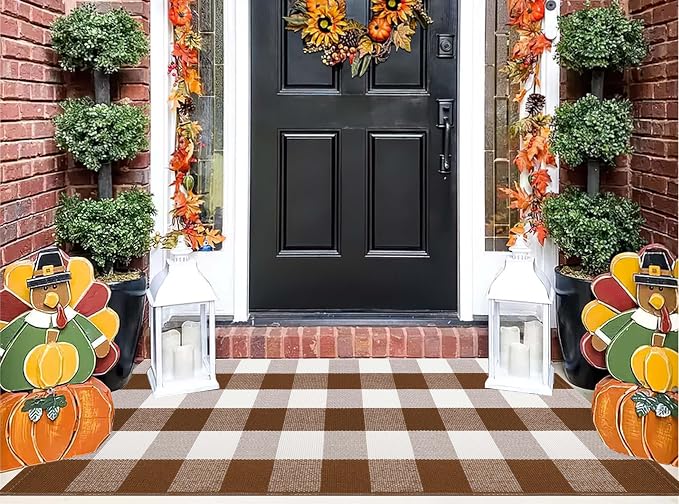 Coffee and White Outdoor Rug 24''x51''Checkered Plaid Front Porch Rug Cotton Woven Washable Door Mat Outdoor for Layered Doormat Hello Welcome Door Mat Kitchen Farmhouse Entryway