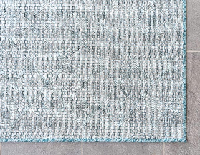 Unique Loom Outdoor Trellis Collection Area Rug - Tribal Trellis (9' x 12' Rectangle, Aqua/ Ivory)