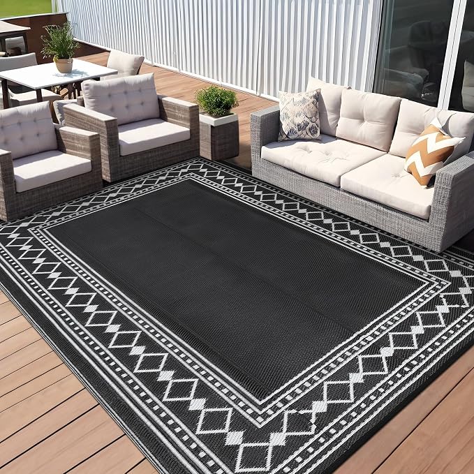 Large Outdoor Rug – 10x14ft Waterproof Reversible Plastic Straw Patio Carpet, Modern Edge, Lightweight, Collapsible – Black and White – Specification