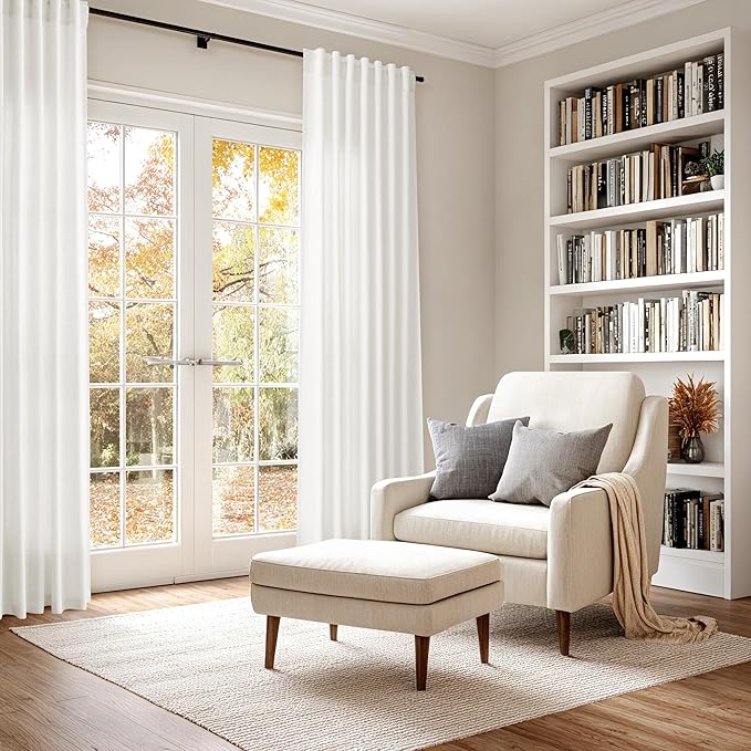Nanspring Beige White Linen Curtains 84 Inches Long for Living Room Privacy Semi Sheer Curtains Back Tab and Rod Pocket Cotton Textured Coastal Decor Curtain for Bedroom Dinner Room 70x84, 2 Panels