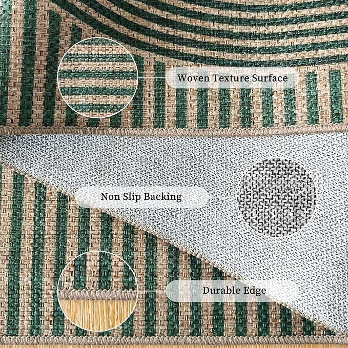 Non-Slip Jute Rug for Entryway: 3x5 Outdoor Mat - Green Curve Pattern | Safe Walking for Family All Day and Help with Cutting Slip Falls by 70%