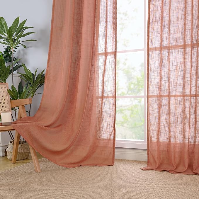 LAMIT Terracotta Linen Boho Curtains 78 inch Length 2 Panels, Light Filtering Semi Sheer Drapes Back Tab and Rod Pocket Neutral Panels for Bedroom/Living Room, 52 x 78 Inch
