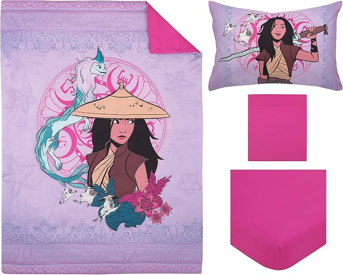 Disney Raya and The Last Dragon Mythic Pop Lavender, Magenta, and Blue with Sisu Dragon and Tuktuk 4 Piece Toddler Bed Set - Comforter, Fitted Bottom Sheet, Flat Top Sheet, and Reversible Pillowcase