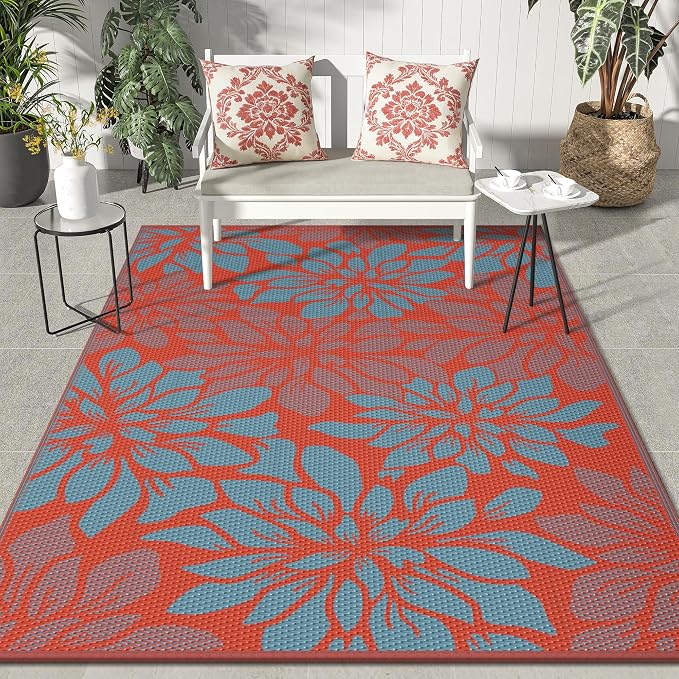 GENIMO Outdoor Rug, Waterproof Plastic Rugs for Patio, 6'x9' Red Blue | Outside Larger Leaf Carpet Mat for Porch Decor, Deck, Balcony, Camping, RV, Backyard, Picnic, Beach, Reversible, Foldable