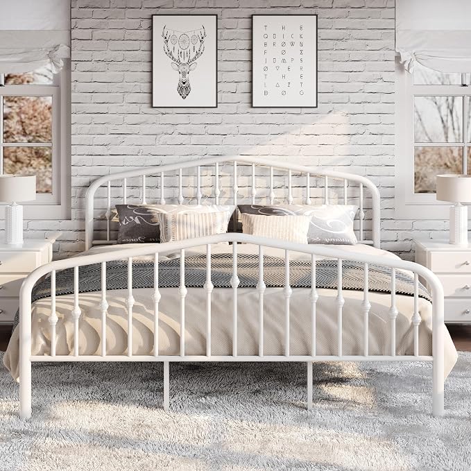 SHA CERLIN King Size Metal Bed Frame with Wrought Iron-Art Headboard, White | Victorian Style Metal Platform Bed Frame, Wrought Iron-Art Headboard and Footboard, Under-Bed Storage, No Box Spring Needed