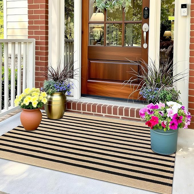 OLANLY Brown and Black Striped Rug 2' x 4'3" (24" x 51") – Washable Cotton Doormat for Indoor Outdoor Use, Layered Front Porch Rug for Entryway, Kitchen, Patio