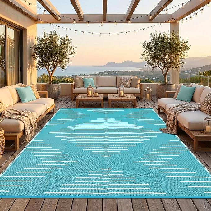 Garvee 10x14 Outdoor Area Rugs Waterproof Easy-Cleaning Plastic Reversible Rugs Indoor Outdoor RV Mat Carpet for Patio Backyard Porch RV Beach Picnic Light Blue White