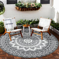 Round Outdoor Rugs for Patios, 6Ft Waterproof Reversible Plastic Straw Mat with Carry Bags, Boho Lightweight Outdoor Carpet Portable Round Floor Mat for Patio Camping Picnic Backyard RV,Grey & White