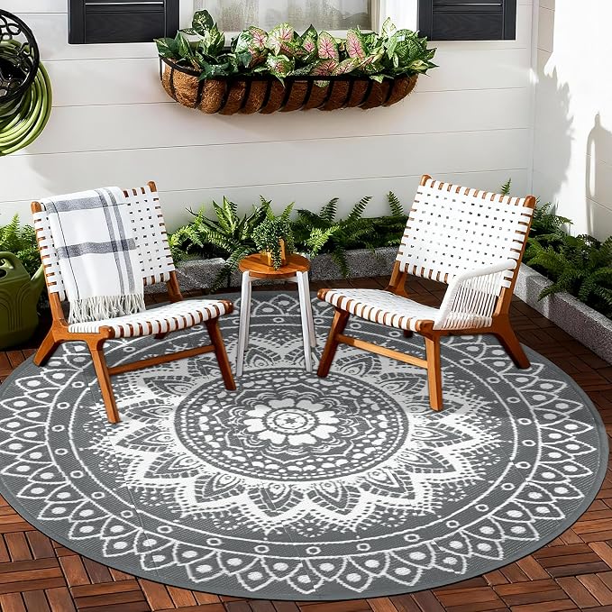 Round Outdoor Rugs for Patios, 6Ft Waterproof Reversible Plastic Straw Mat with Carry Bags, Boho Lightweight Outdoor Carpet Portable Round Floor Mat for Patio Camping Picnic Backyard RV,Grey & White