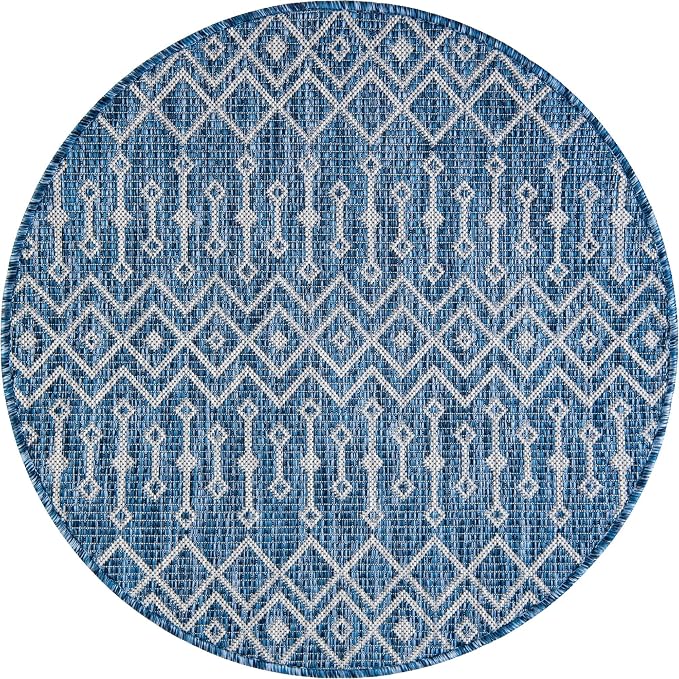 Unique Loom Outdoor Trellis Collection Area Rug - Tribal Trellis (3' 1" Round, Blue/ Ivory)