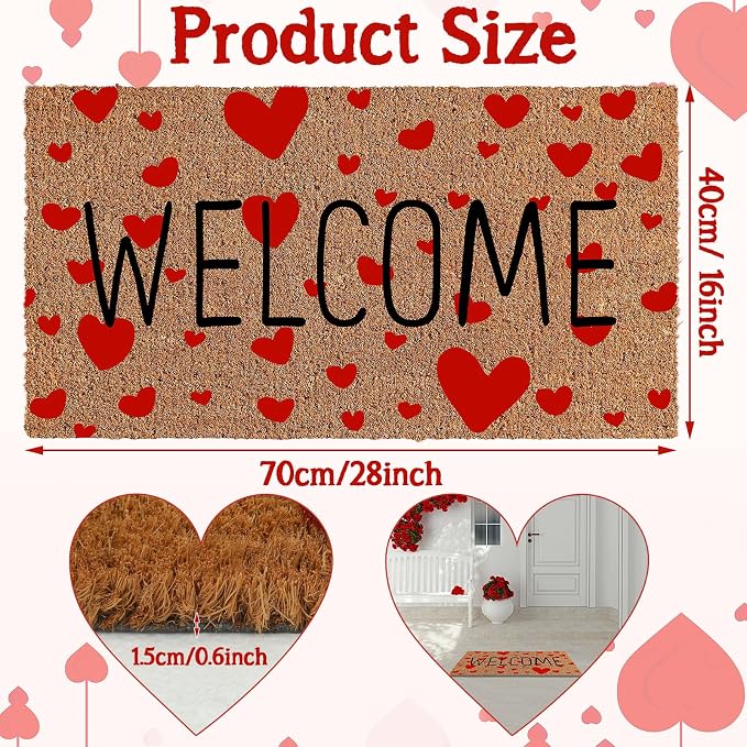 Ceenna Valentine's Day Doormat Outdoor Valentine's Coir Doormat with Non-Slip Backing Red Heart Love Valentines Day Outdoor Mat Front Porch Rugs for Home Entrance, 16 x 28 Inches