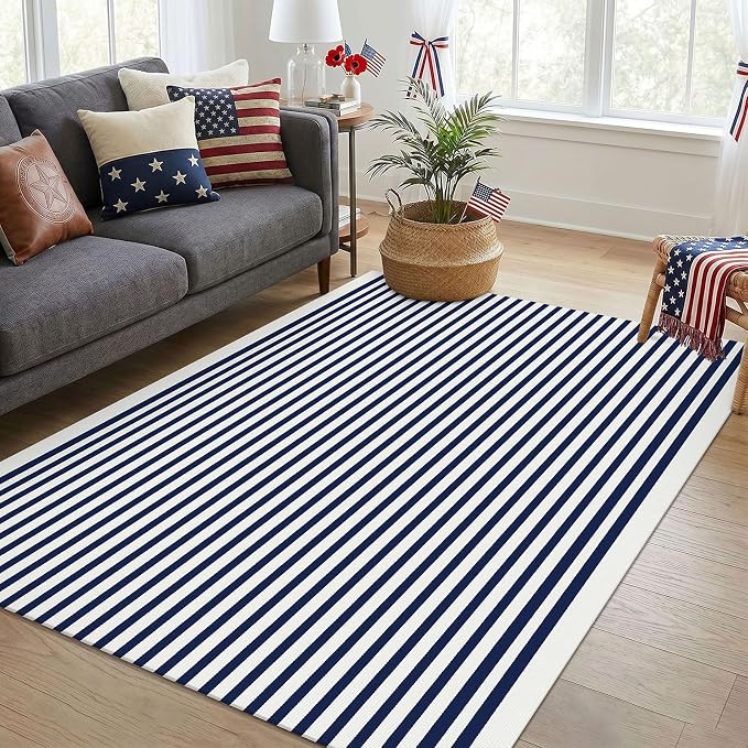 KOZYFLY 4x6 Blue and White Striped Rug Front Door Rug Woven Layered Washable Indoor Outdoor Rugs for Front Porch Kitchen Patio Farmhouse Independence Day Decor