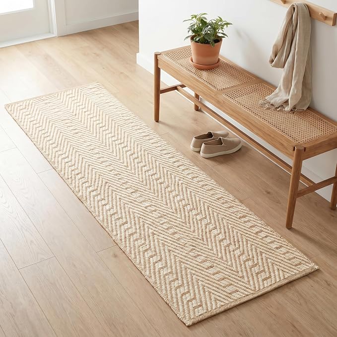 THE BEER VALLEY Jute Cotton Geometric Runner Rug 2x6 Feet - Natural White | Large Boho Kitchen Chevron Runners for Hallways, Easy Care Ivory Beige Laundry Room Rugs