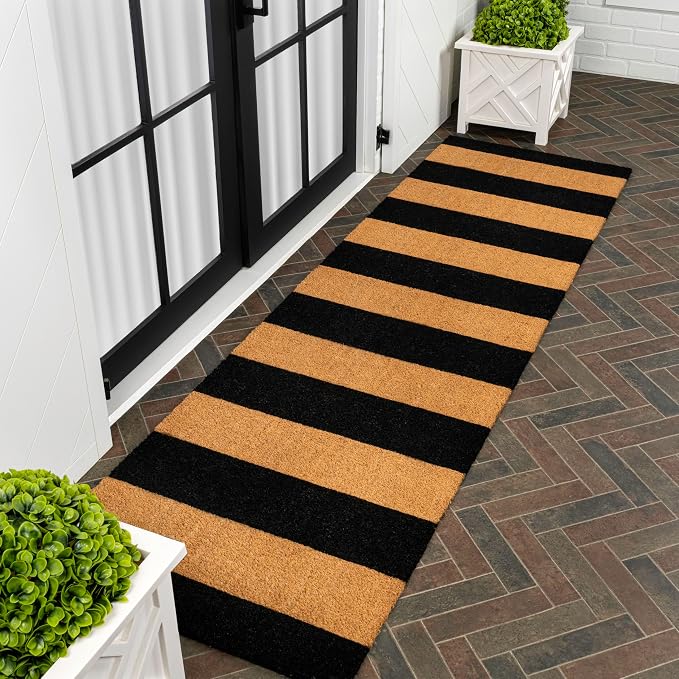 JONATHAN Y Natural Coir Indoor/Outdoor Runner Rug 2X8 Natural/Black Stripe, Peater Classic Casual Commerical Doormat Ideal for Door Entrance, Patio, Porch, Backyard, Garages NRF105A-28