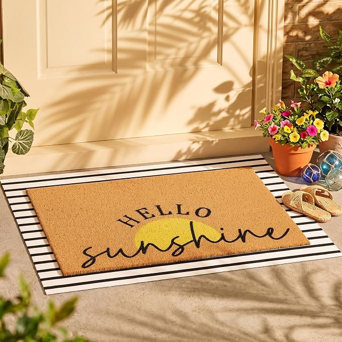 Tinideya 2 Pcs Summer Sunshine Door Mat Yellow Welcome Non Slip Coir Mats Stripe Floor Layering Doormats Seasonal for Front Porch Entryway Decor(Sunshine)