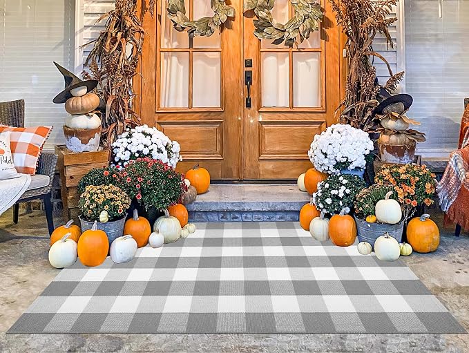 Grey and White Outdoor Rug 3'x5'Buffalo Plaid Checkered Front Porch Rug Machine Washable Farmhouse Front Door Mat Outdoor for Front Hello Welcome Mat,Bedroom,Entryway,Patio
