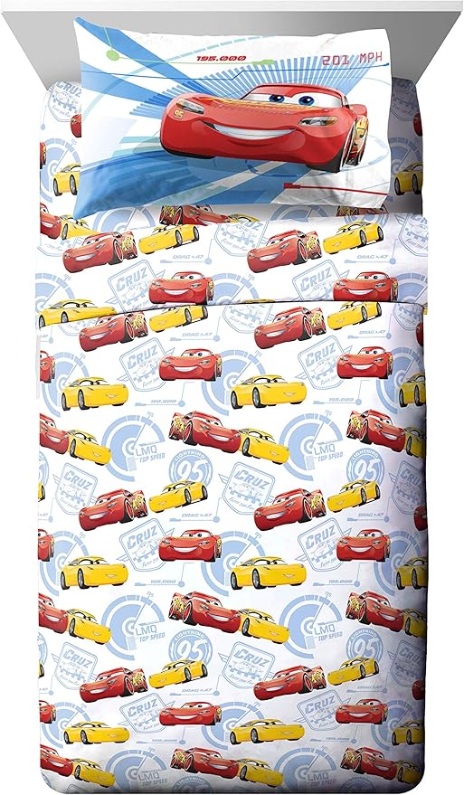 Jay Franco Kids Sheet Cartoon Set with Fitted, Flat Sheets & Pillow Cover - Ultra-Soft Bedding with Pillowcase for Room Decor, Red - Cars, 4 Piece Full