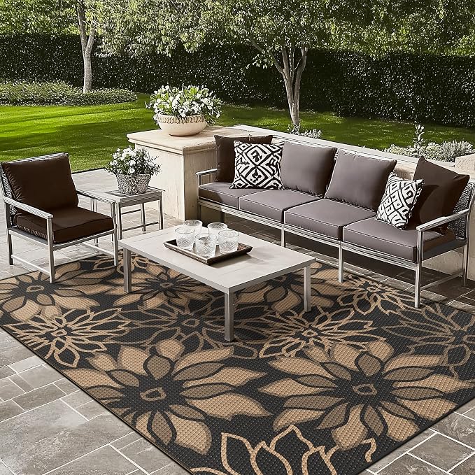 GENIMO Outdoor Rug, Waterproof Plastic Rugs 10'x14' for Camping Black | Outside Larger Leaf Carpet Mat for Patio Decor, RV, Porch, Camper, Deck, Picnic, Beach, Backyard, Reversible, Foldable