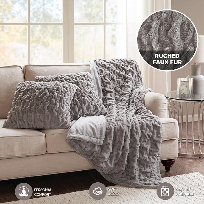 Comfort Spaces Ruched Throw Set Faux Fur Blanket for Sofa, 50 x 60, Grey | Plush, OEKO-TEX Certified