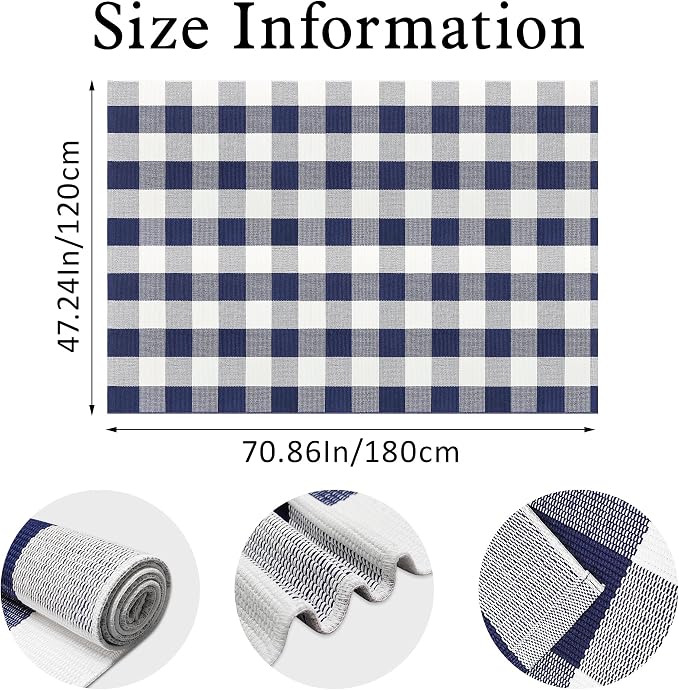 Buffalo Plaid Outdoor Patio Rug 4x6 Feet Buffalo Check Rug Cotton Woven Navy and White Checkered Outdoor Indoor Rug Washable Carpet for Living Room Dining Room Bedroom Farmhouse