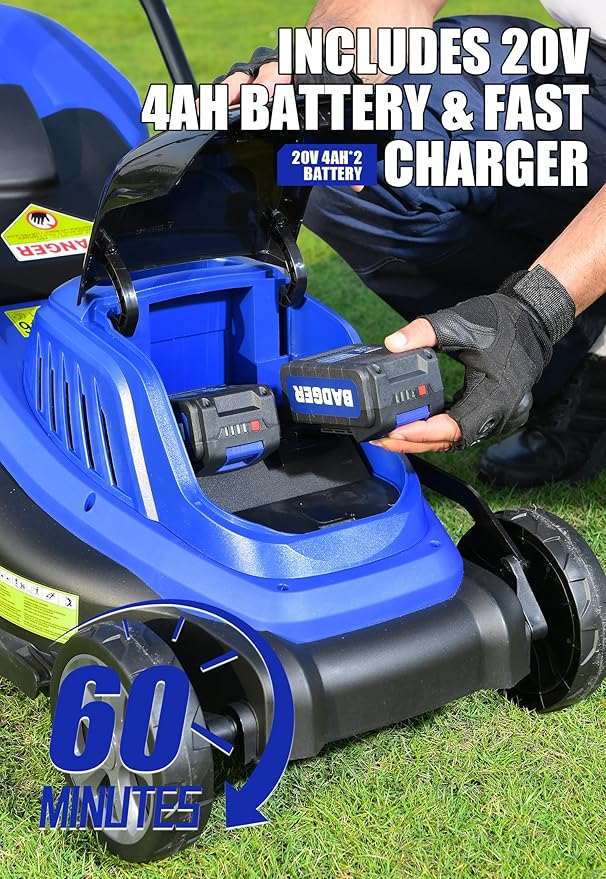 Wild Badger Power 40V 16-in Brushless Electric Cordless Lawn Mower | 16-in brushless push mower for small yards; 5 cut heights, 3-in-1 clipping modes, two 20V 4.0Ah batteries and charger.