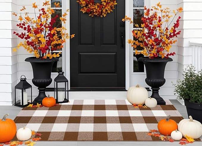 Buffalo Plaid Outdoor Rug 2'x4.3',Fall Coffee Front Porch Rug Door Mats Outdoor Farmhouse Cotton Washable for Hello Welcome Rug Layered Doormat Outdoor Entryway