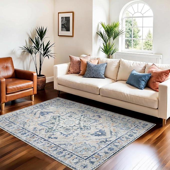 Joydeco 3x5 Area Rugs Vintage, Blue&Grey | Non Slip Machine Washable Low Pile for Livingroom Bedroom Dining Room Home Office