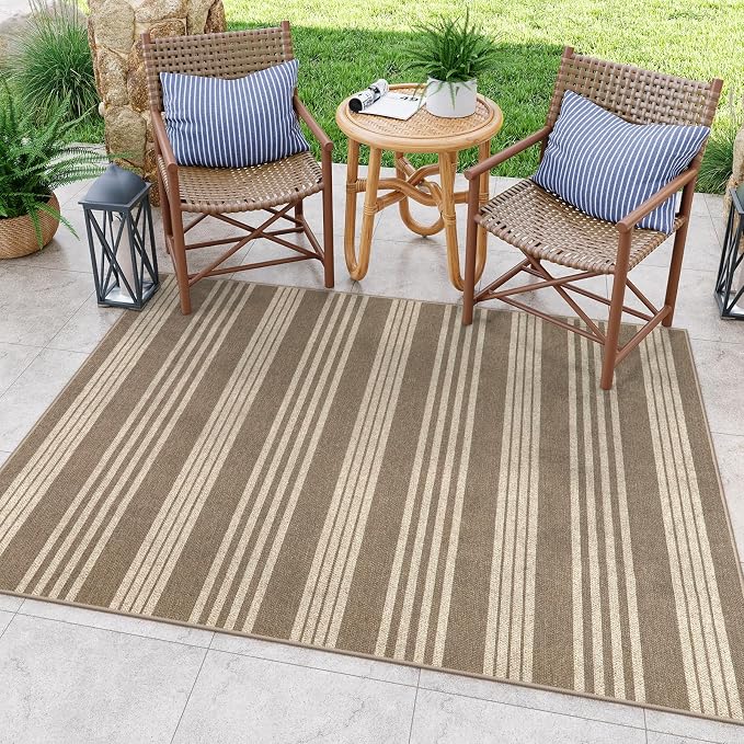 Lahome Striped Easy Jute Outdoor Rug 5x7, Living Room Area Rugs Washable | Patio Rug, Modern Farmhouse Neutral Mat, Non Slip Stain Resistance Indoor Carpet for Dining Room Sunroom Bedroom, Khaki Beige